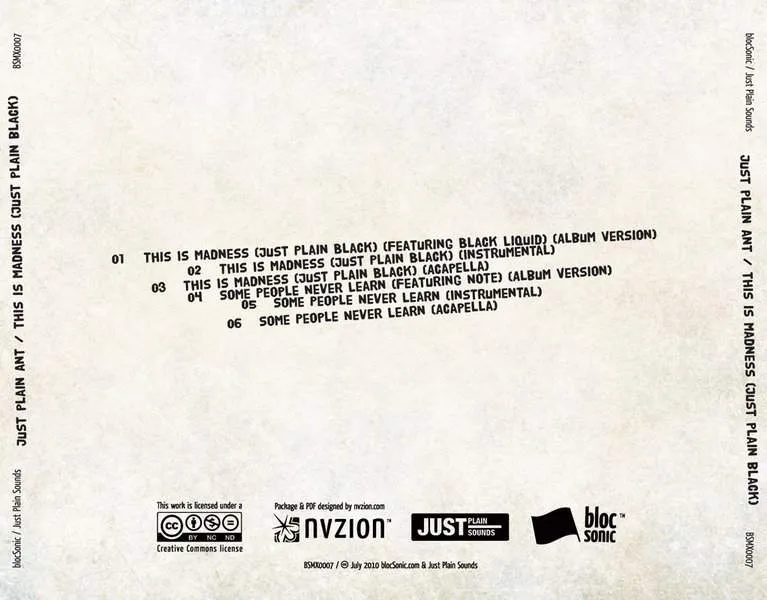 Album Traycard for “This Is Madness (Just Plain Black)” by Just Plain Ant