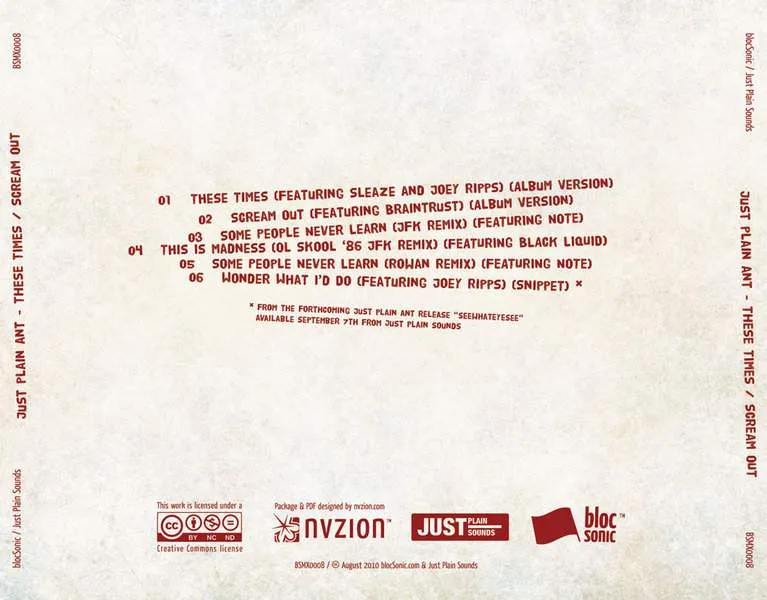 Album Traycard for “These Times / Scream Out” by Just Plain Ant