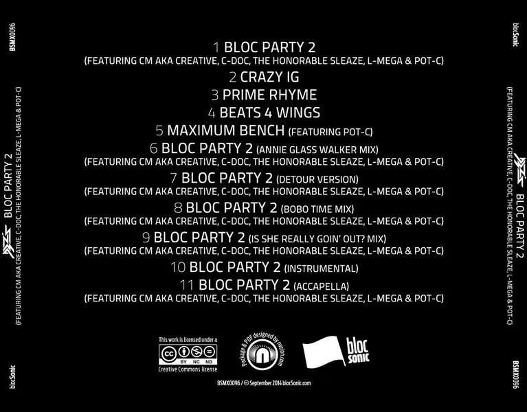 Album traycard for “Bloc Party 2 (Featuring CM aka Creative, C-Doc, The Honorable Sleaze, L-Mega & Pot-C)” by D3Zs