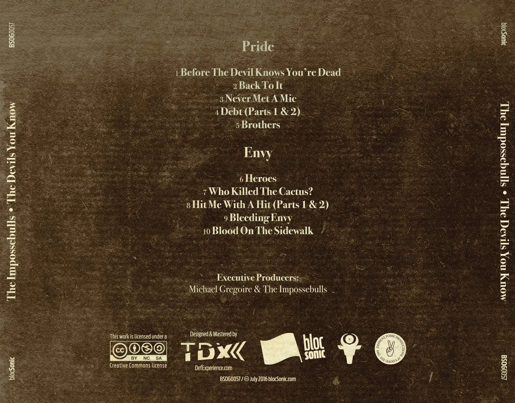 Album traycard for “The Devils You Know” by The Impossebulls