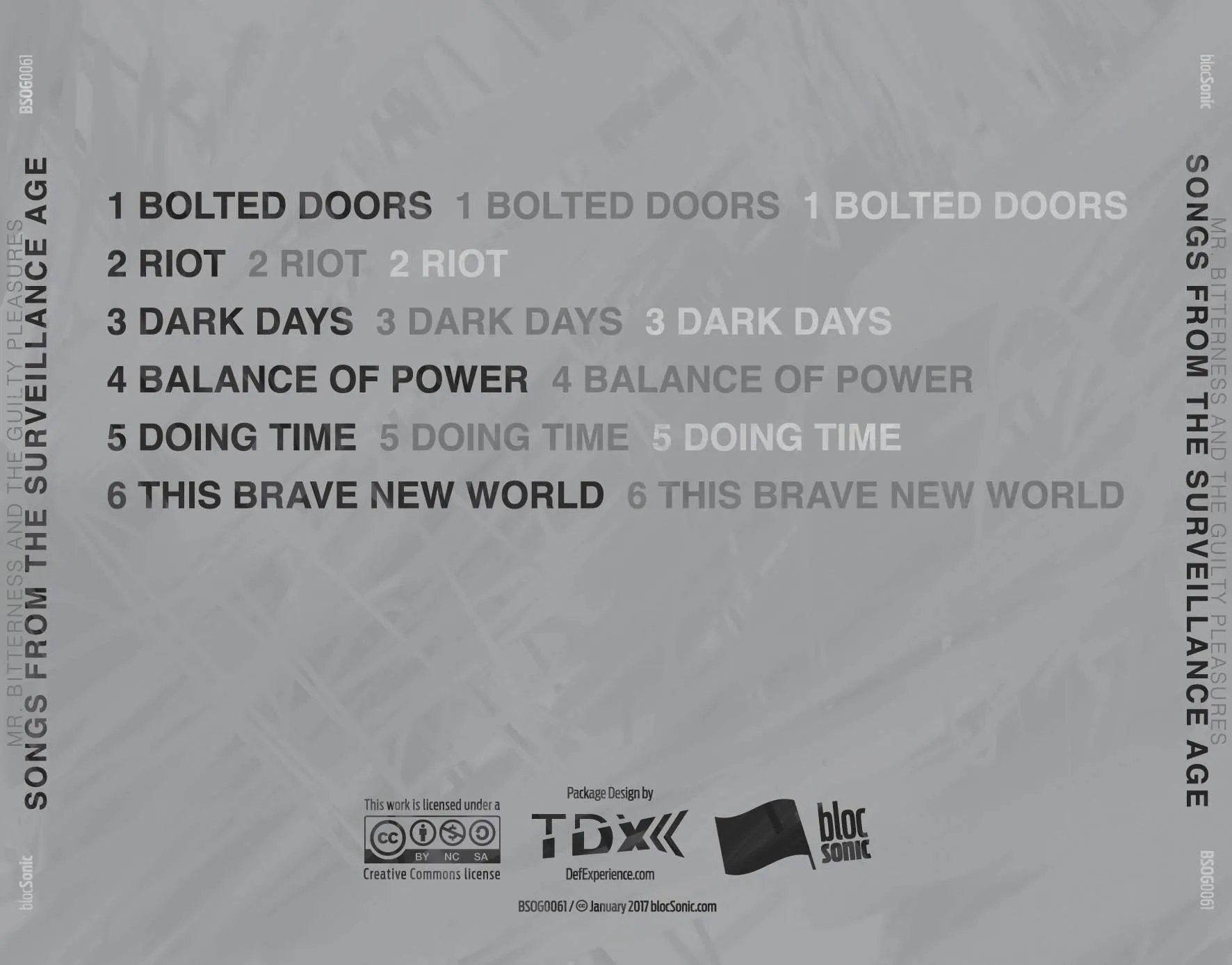 Album traycard for “Songs From The Surveillance Age” by Mr. Bitterness And The Guilty Pleasures