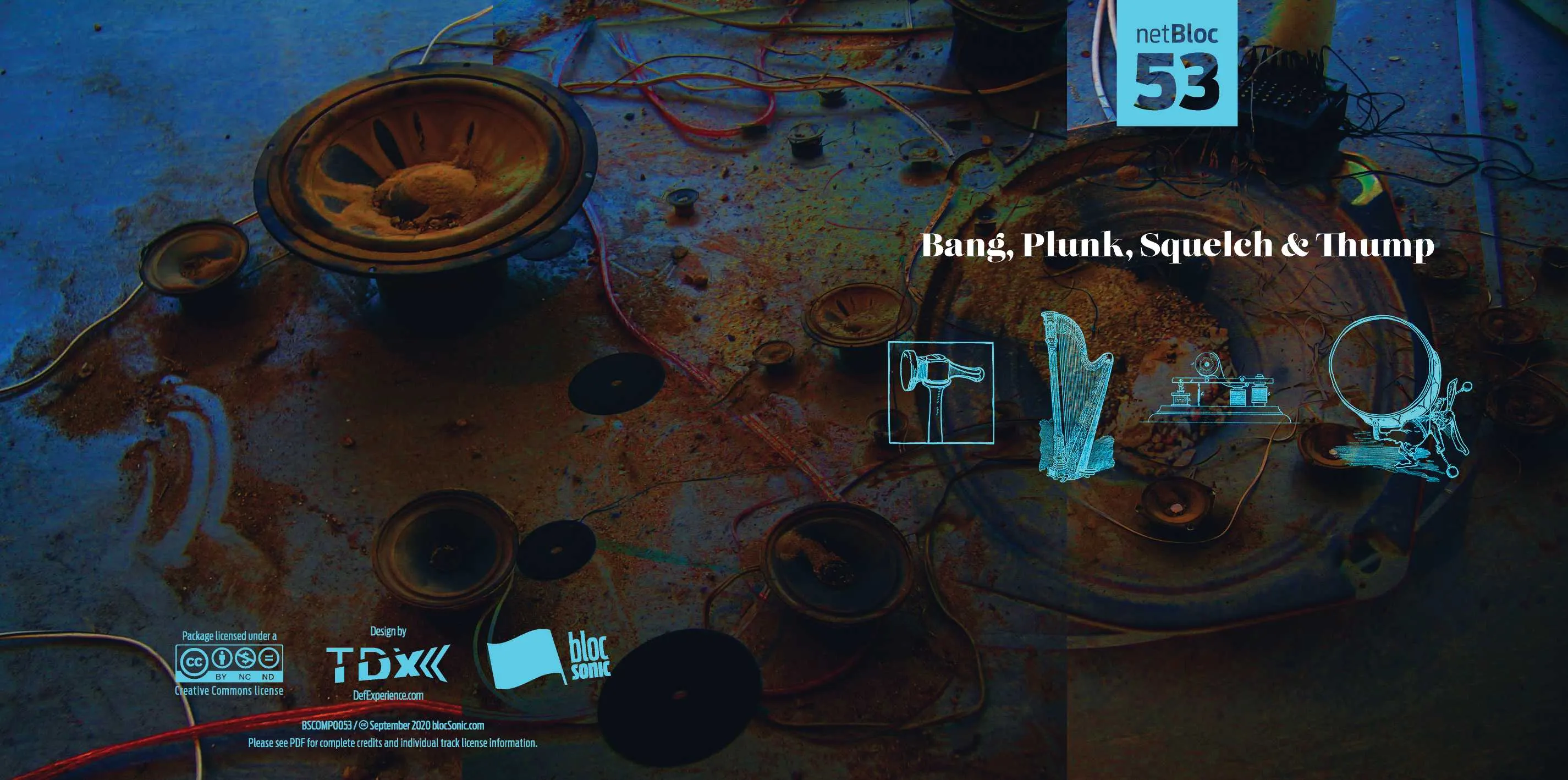 Album insert for “netBloc Vol. 53: Bang, Plunk, Squelch &amp; Thump” by Various Artists
