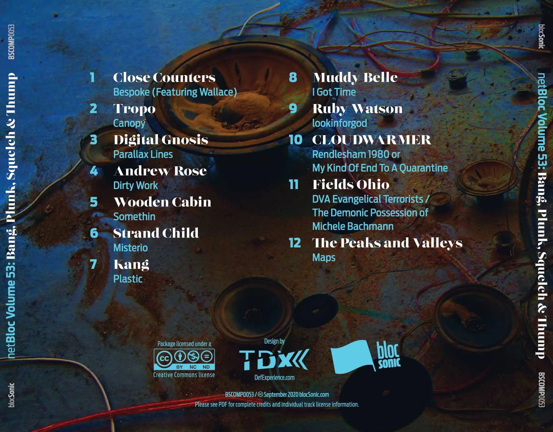 Album traycard for “netBloc Vol. 53: Bang, Plunk, Squelch &amp; Thump” by Various Artists