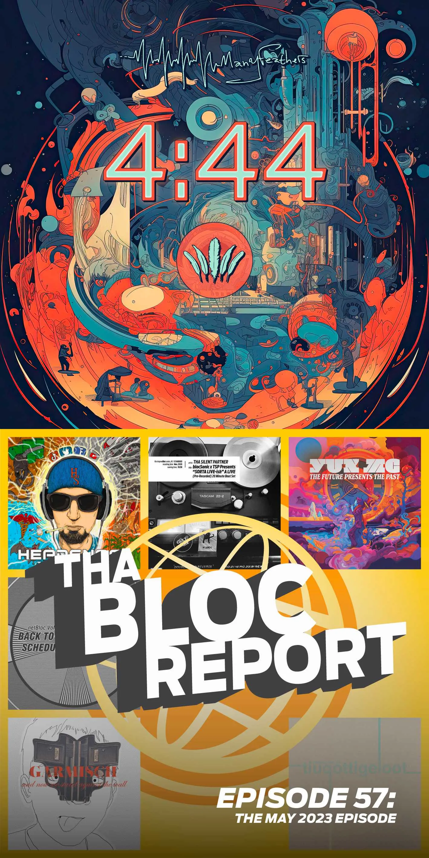 Cover images for “4:44” by ManyFeathers and “Tha Bloc Report Episode 57: The May 2023 Episode” hosted by Donnie Ozone and Timezone Lafontaine